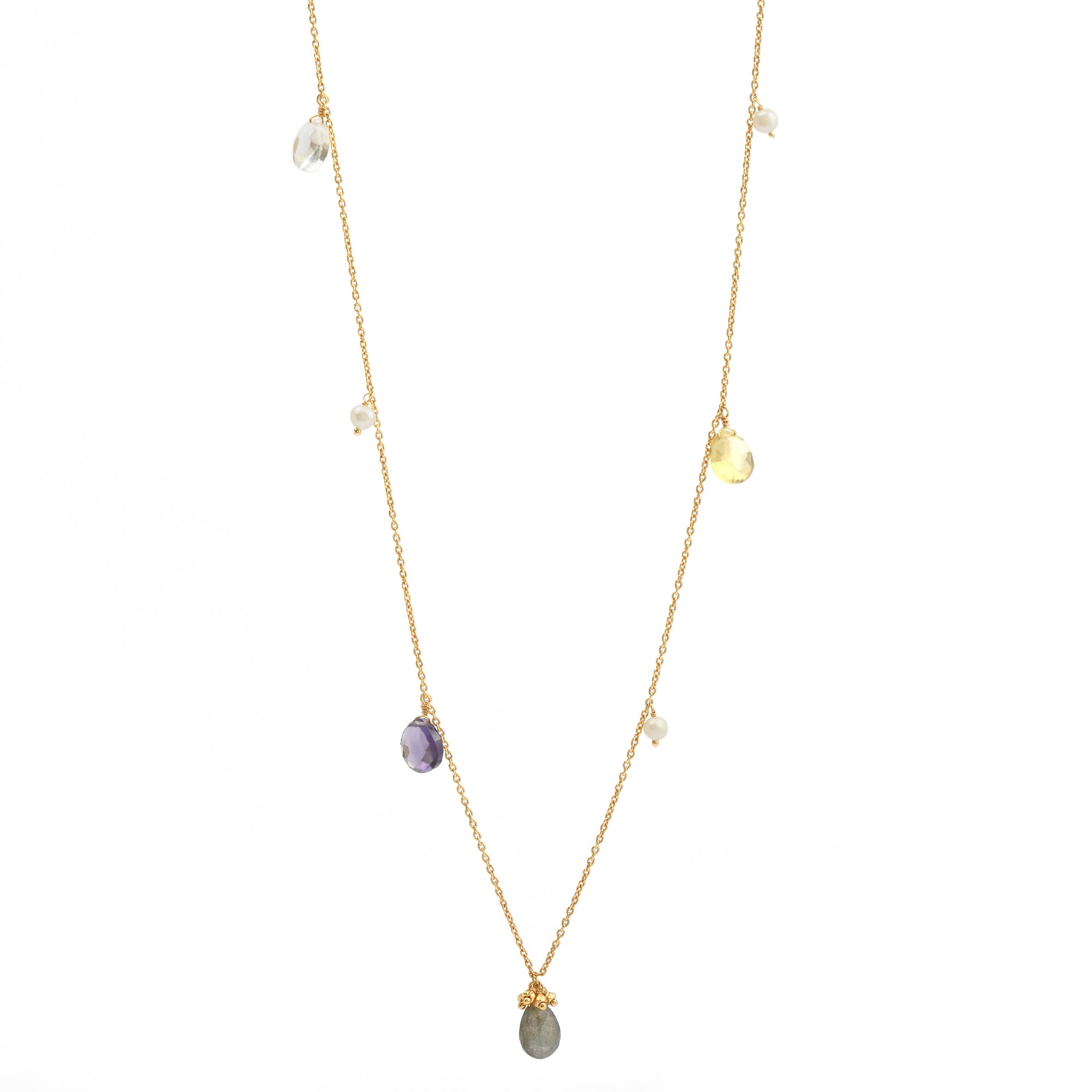 Necklace with pendant of labradorite, lemon quartz, crystal and freshwater pearls