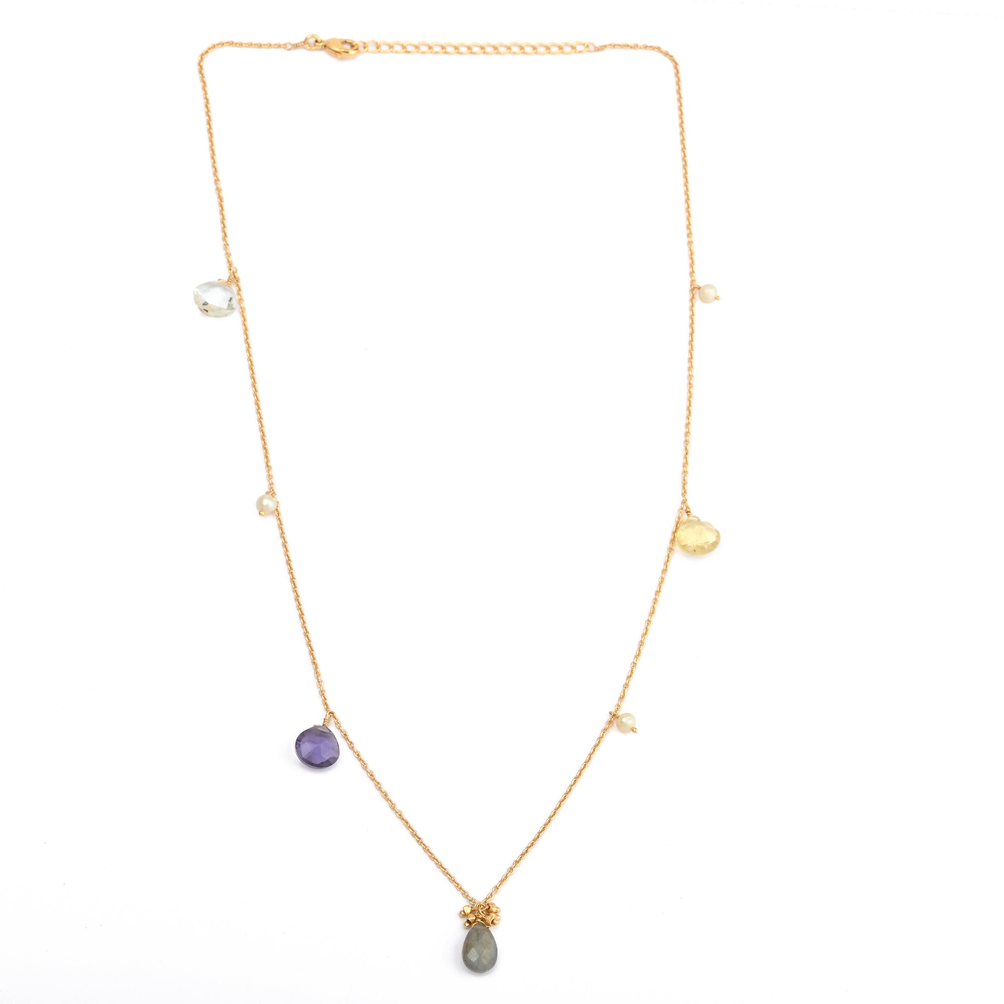 Necklace with pendant of labradorite, lemon quartz, crystal and freshwater pearls