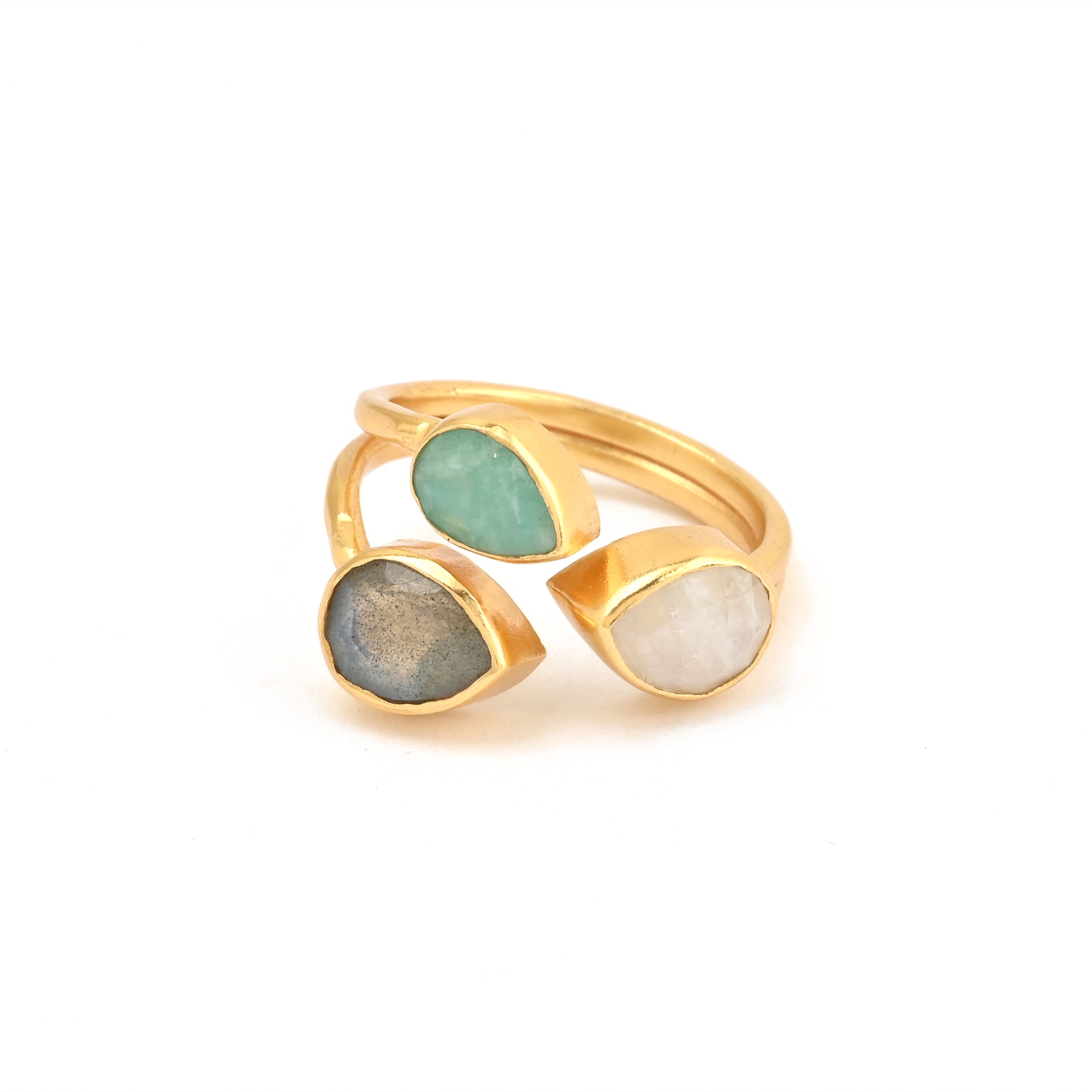 Fingerring med sten af månesten, amazonite og labradorite
