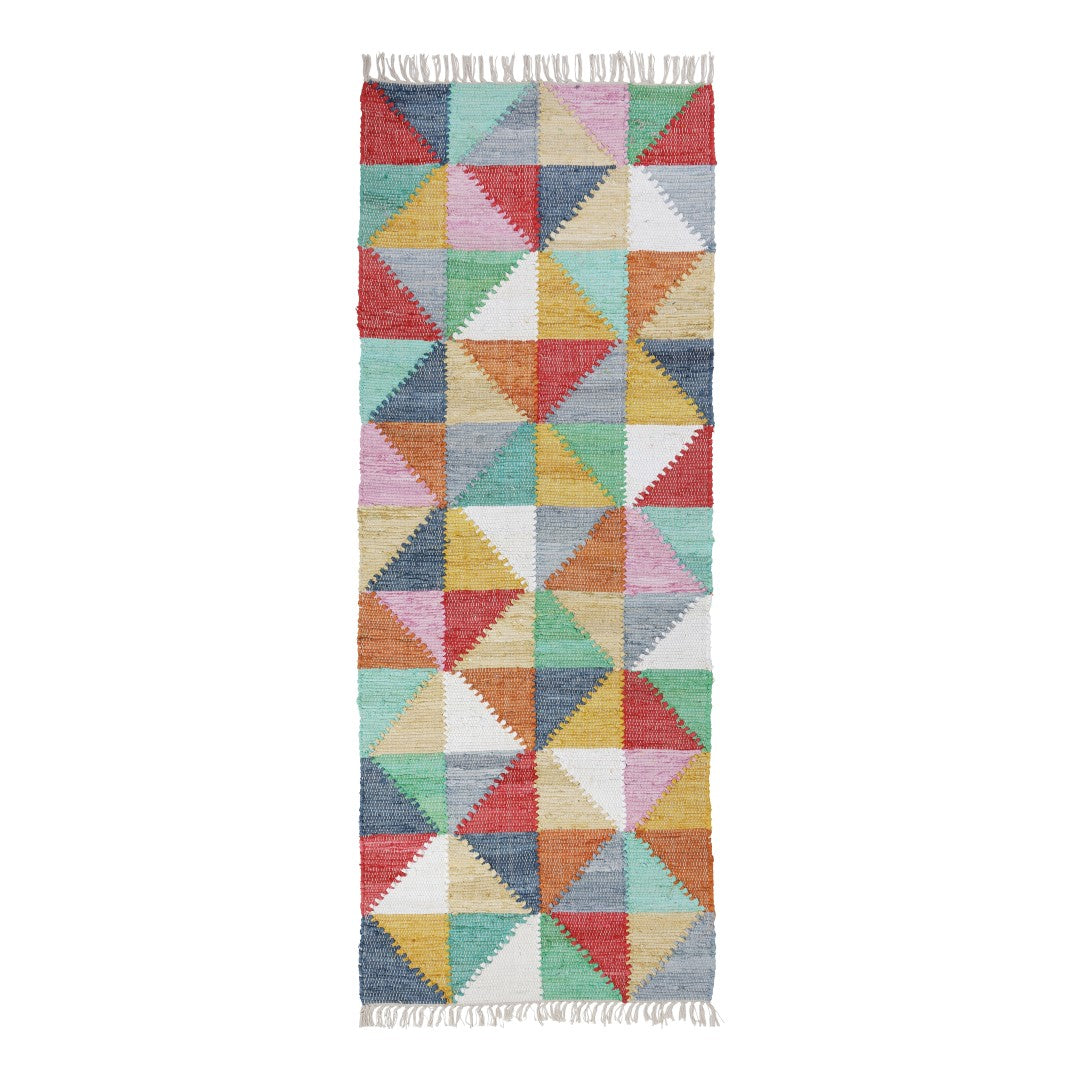 Chindi Killim Recycling-Teppich, 75 x 220 cm, Baumwolle, Dreieckskaro, hell