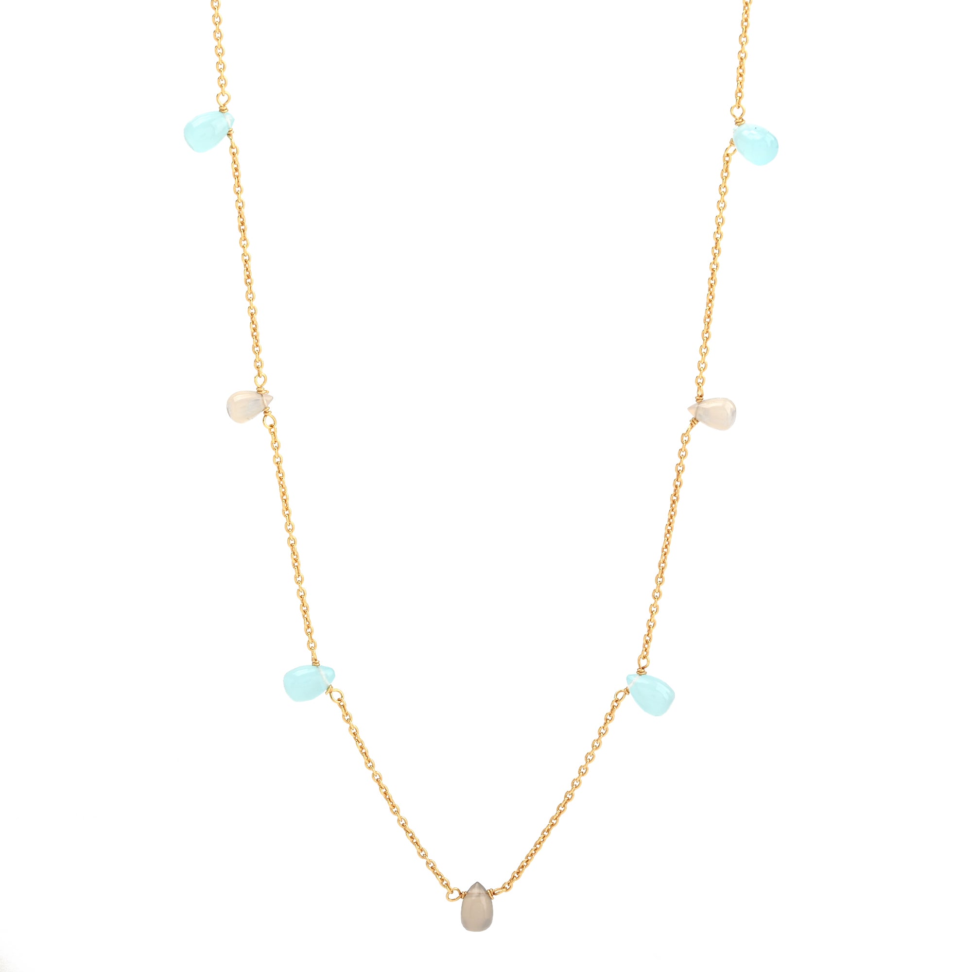 Necklace with pendant of gray, white and aqua chalcedony