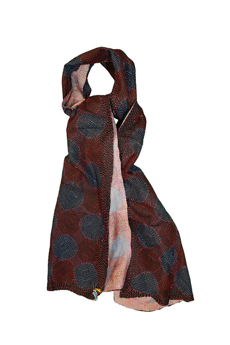 Kantha vintage scarf 40x190 cm, silk, round kantha