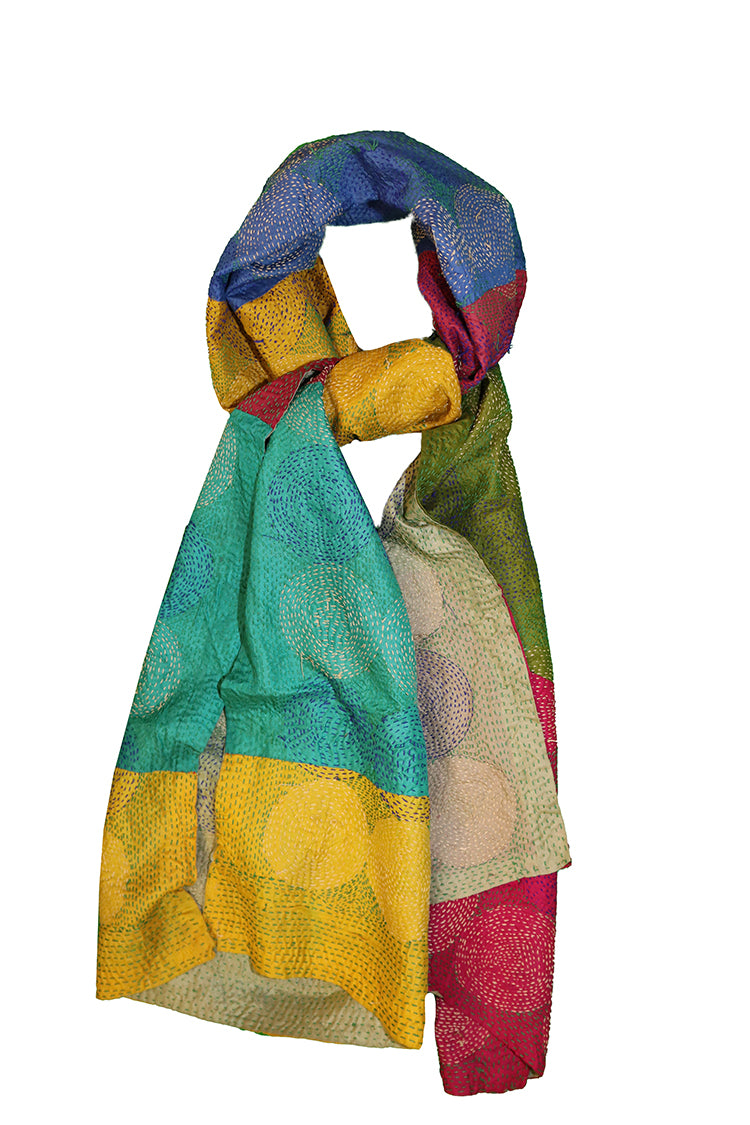Kantha vintage scarf 40x190 cm, silk, round kantha