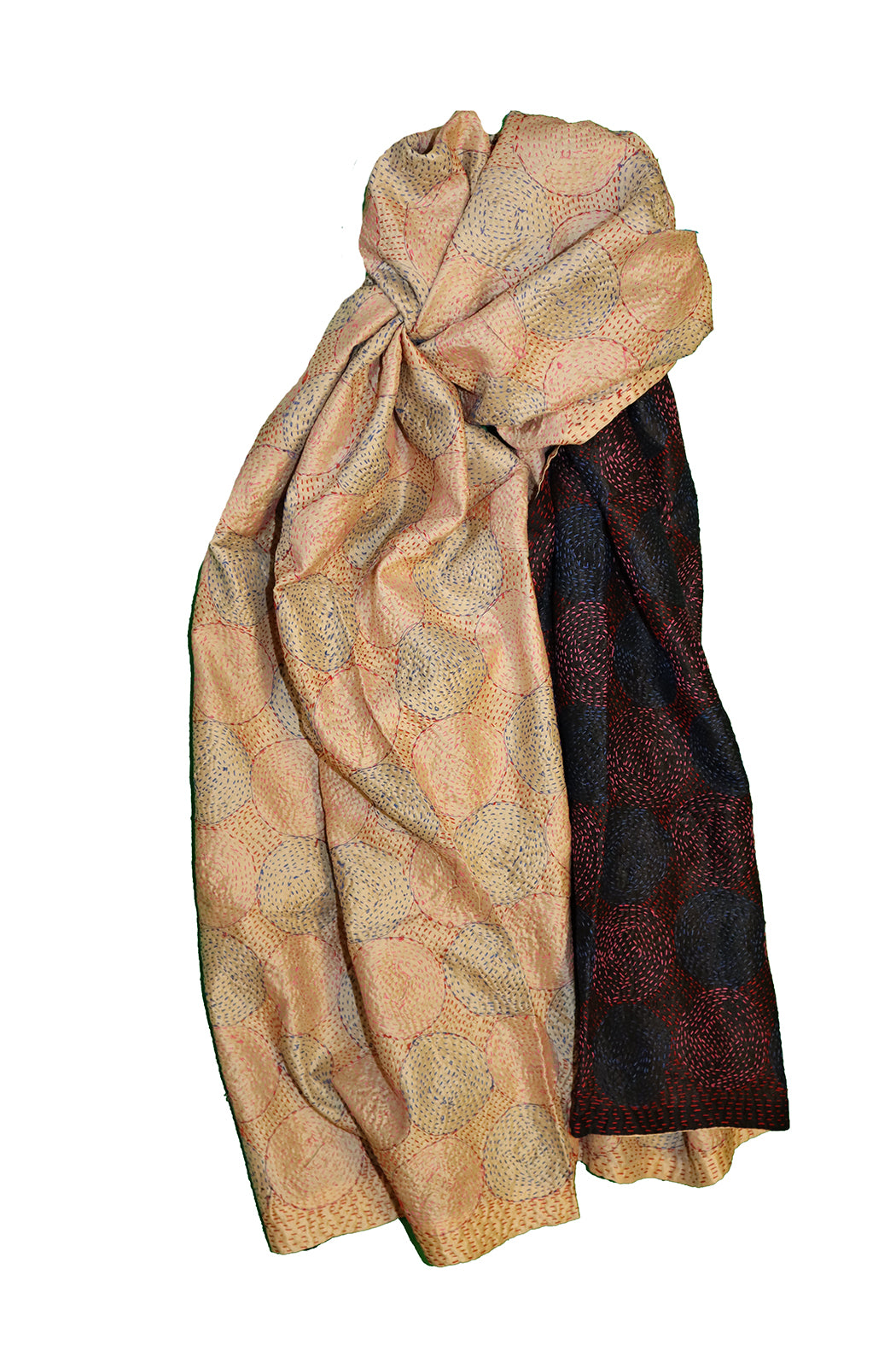 Kantha-Vintage-Schal 85x190 cm, Seide, rundes Kantha