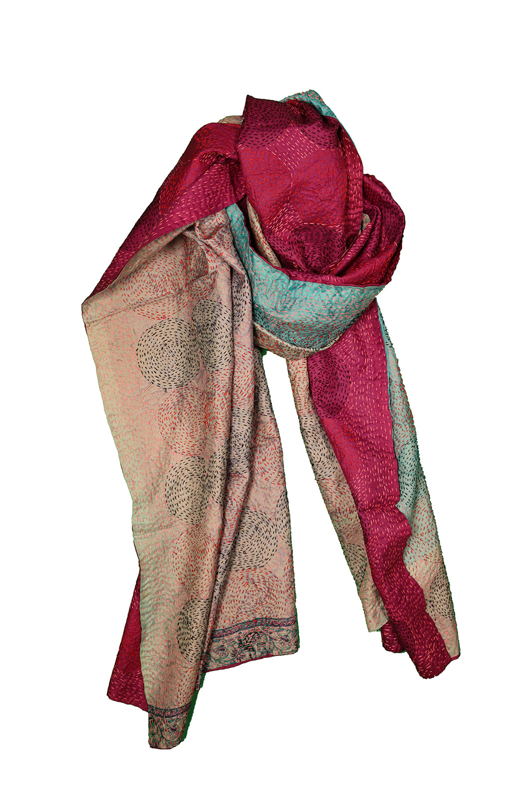 Kantha Vintage-Schal 40x190 cm, Seide, rundes Kantha