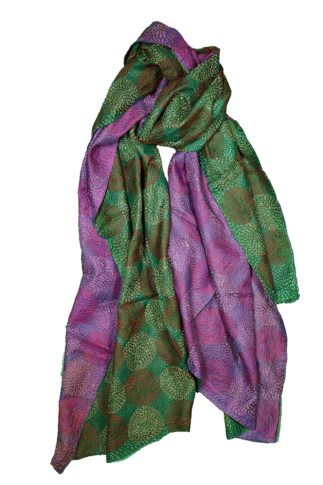 Kantha-Vintage-Schal 85x190 cm, Seide, rundes Kantha