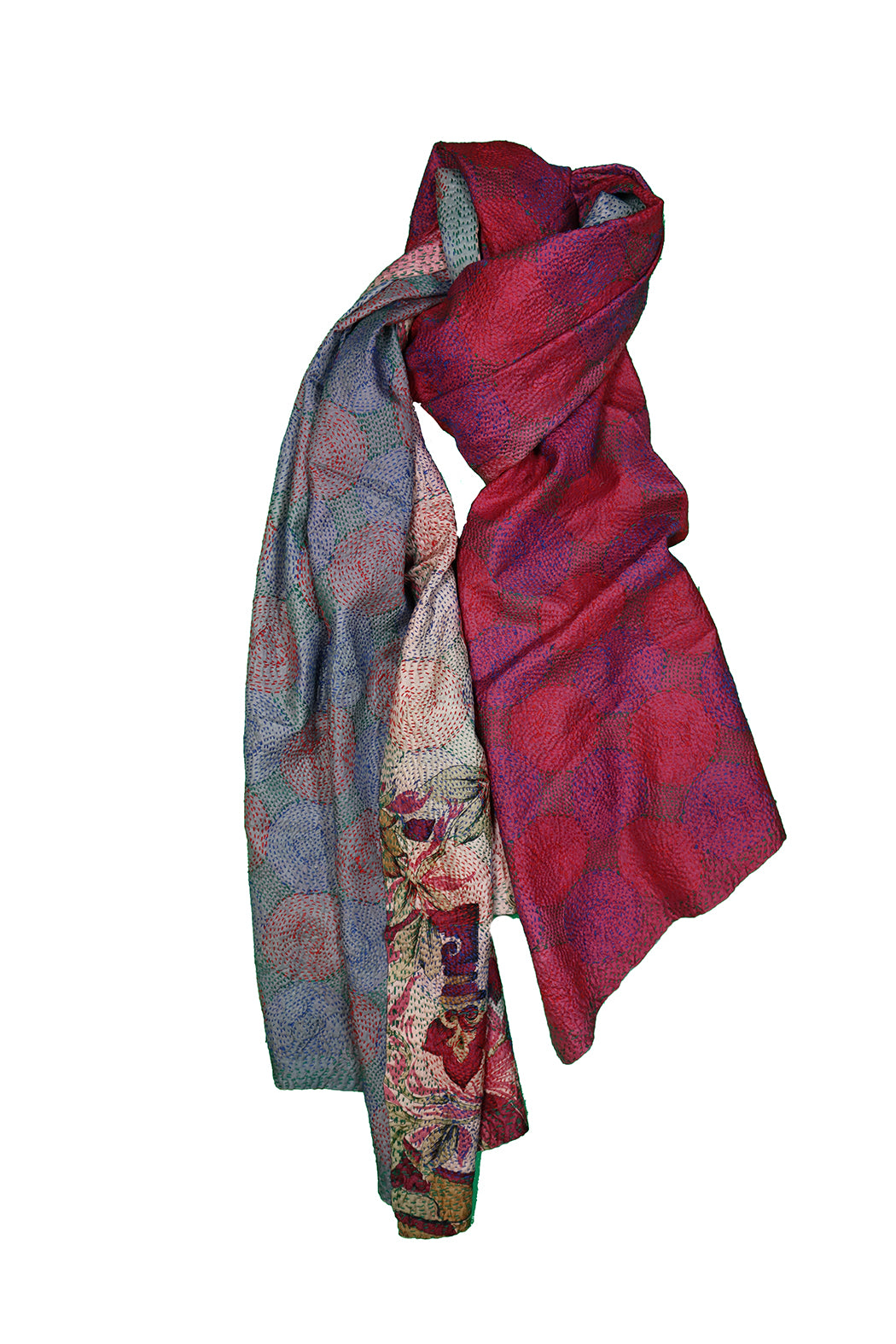 Kantha-Vintage-Schal 85x190 cm, Seide, rundes Kantha