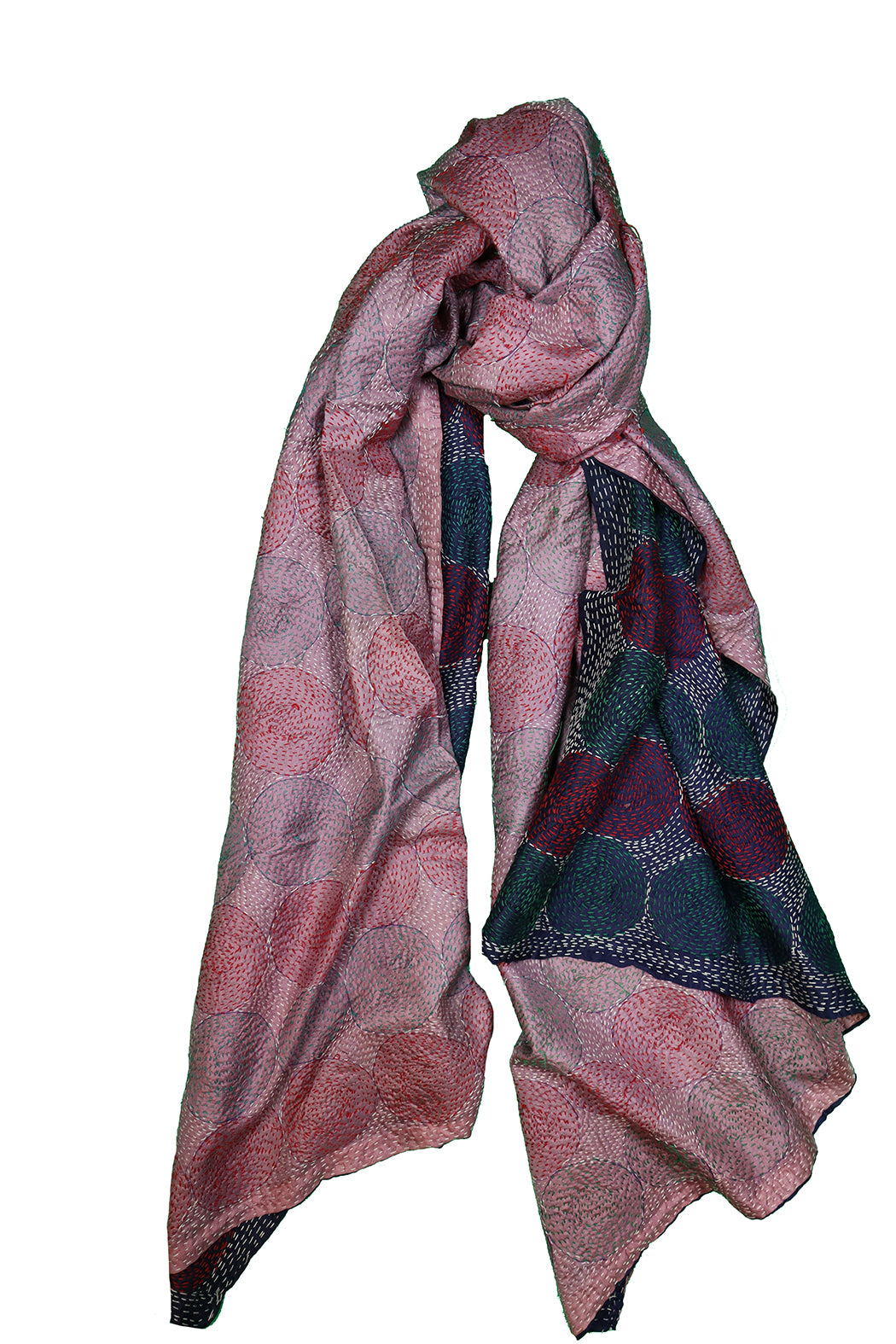 Kantha silketørklæde – Recycled Sari med Runde Sting | 85x190 cm | MASALA
