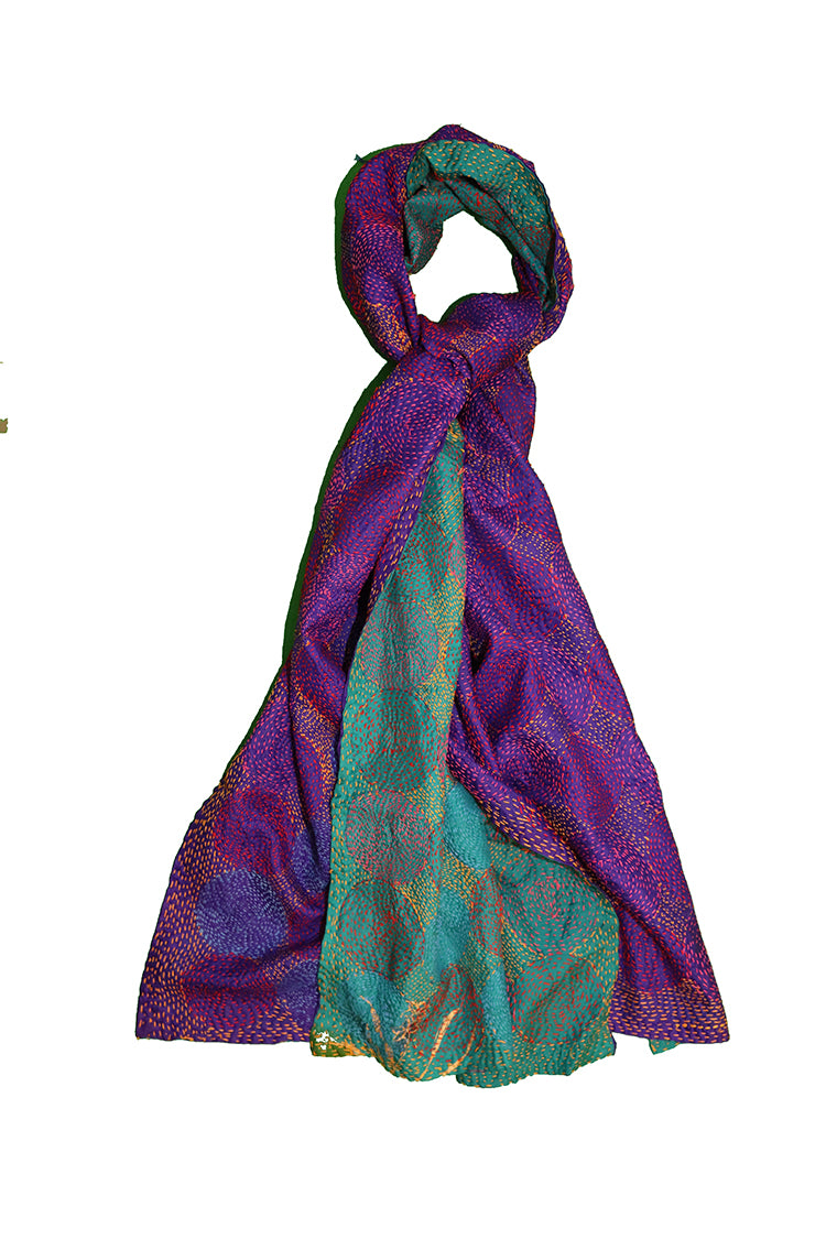 Kantha vintage scarf 40x190 cm, silk, round kantha