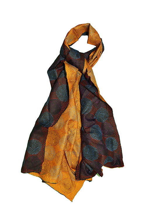 Kantha vintage scarf 40x190 cm, silk, round kantha