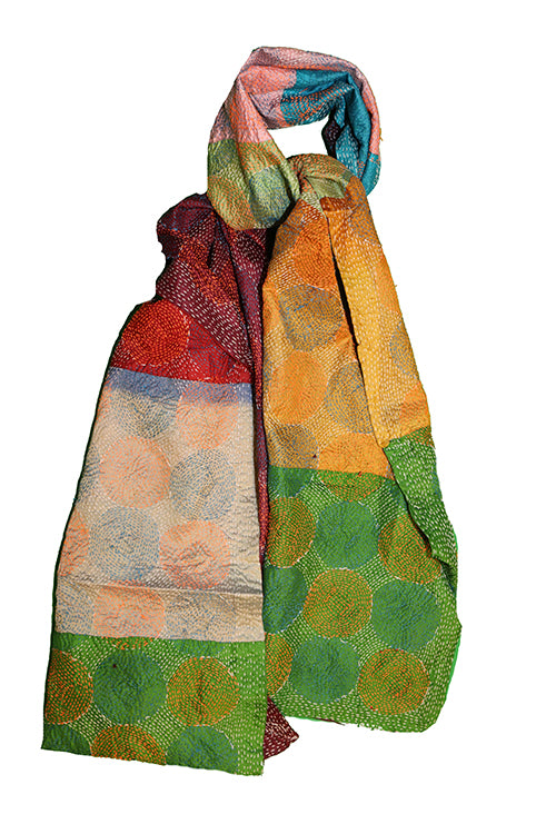 Kantha vintage scarf 40x190 cm, silk, round kantha