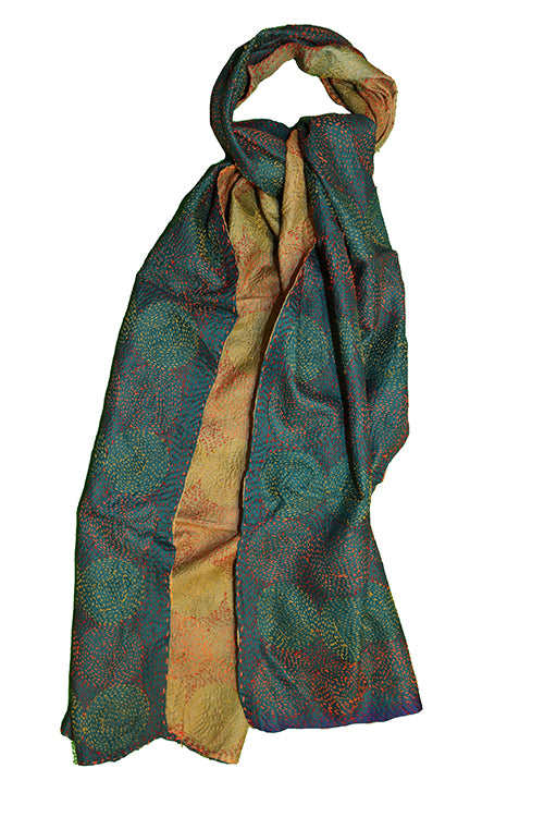 Kantha vintage scarf 40x190 cm, silk, round kantha