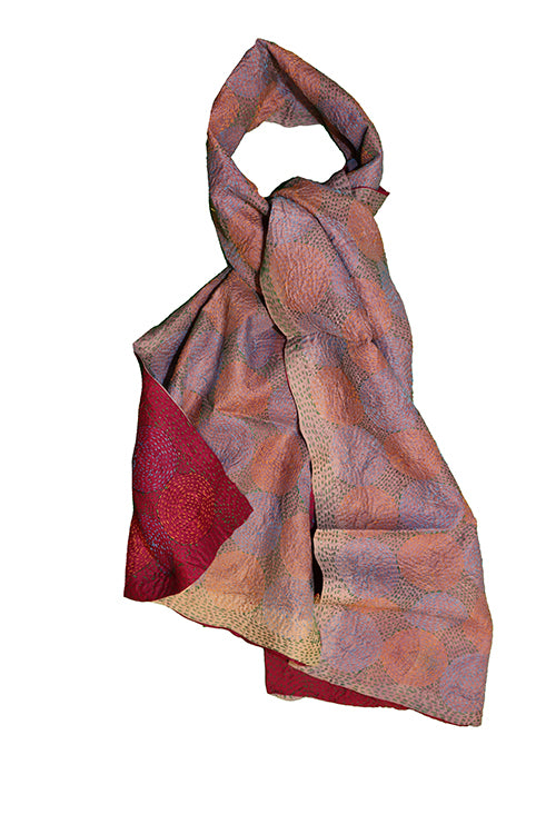 Kantha vintage scarf 40x190 cm, silk, round kantha