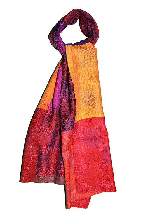 Kantha vintage scarf 40x190 cm, silk, round kantha