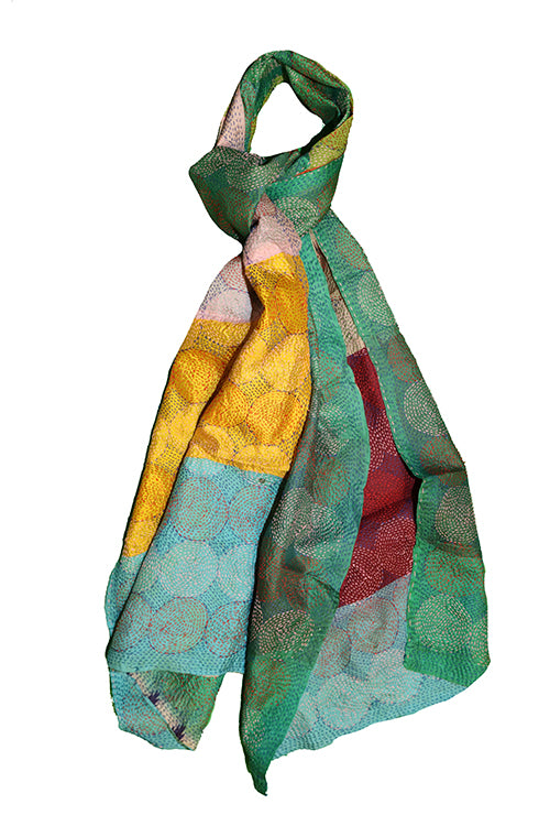Kantha vintage scarf 40x190 cm, silk, round kantha