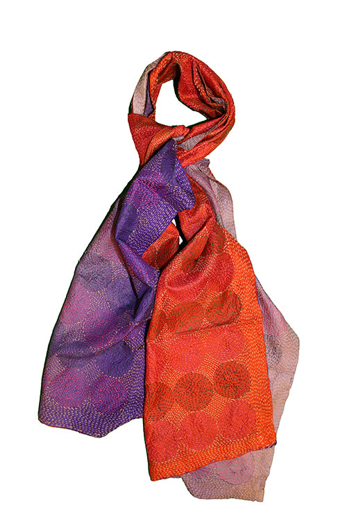 Kantha vintage scarf 40x190 cm, silk, round kantha
