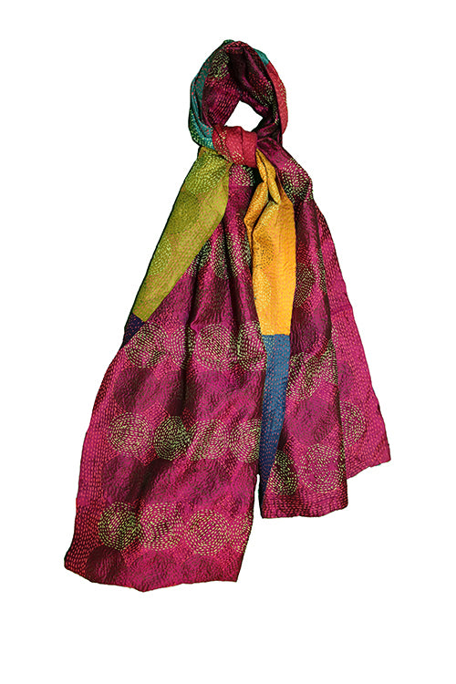Kantha vintage scarf 40x190 cm, silk, round kantha