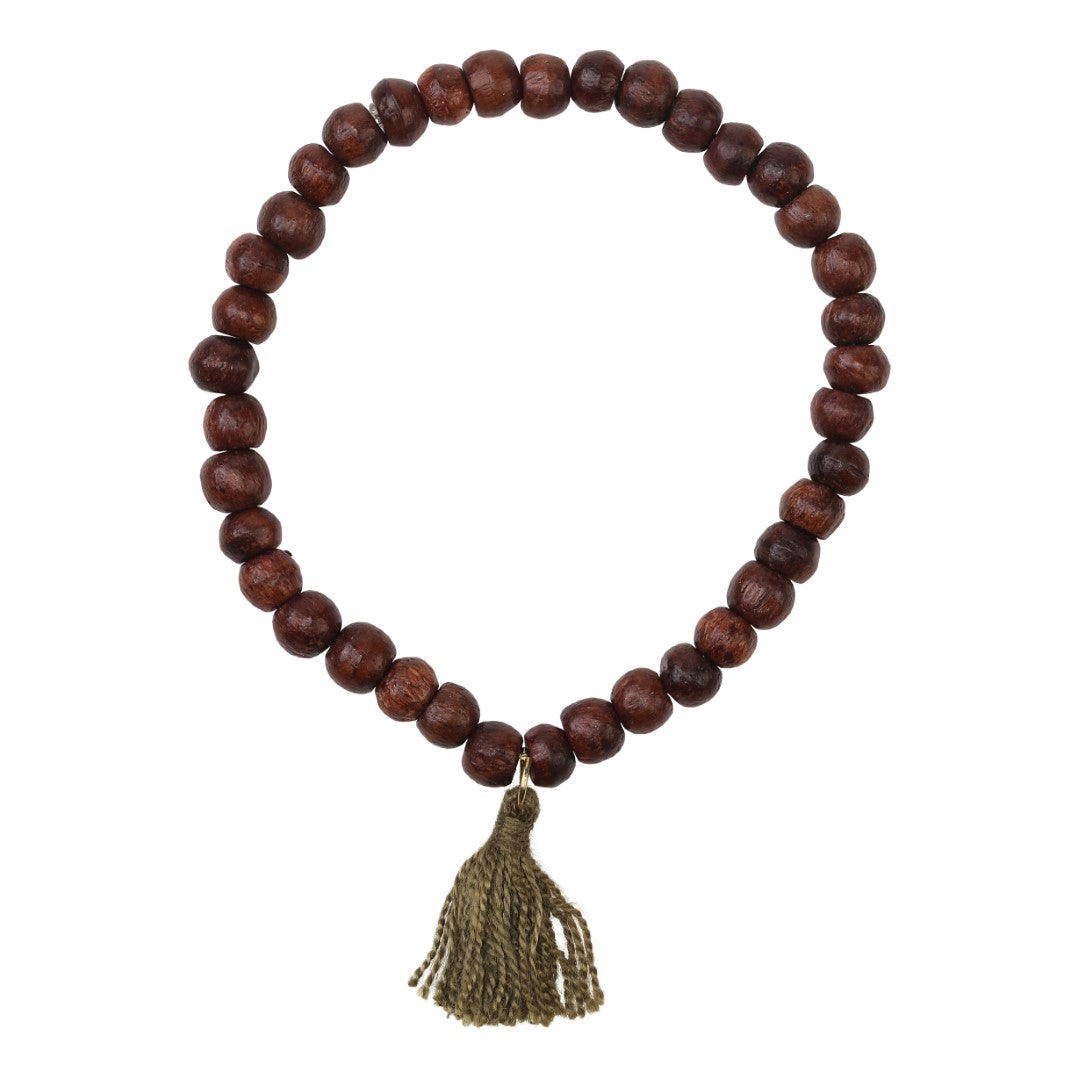Bracelet with wooden beads of mango wood khaki tassel