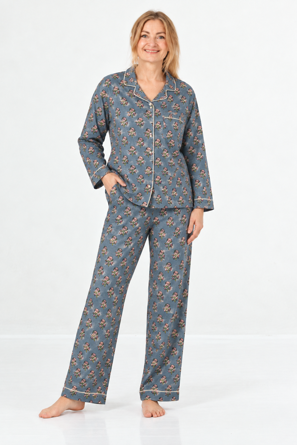 Luna pajamas Nila blue – Hand-printed Block Print in Lightweight Cotton | MASALA