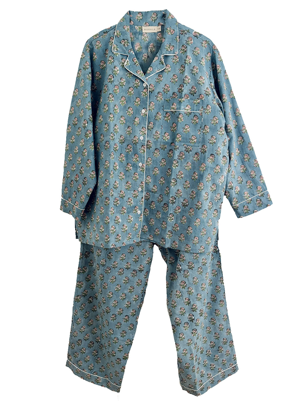 Luna pajamas Nila blue – Hand-printed Block Print in Lightweight Cotton | MASALA