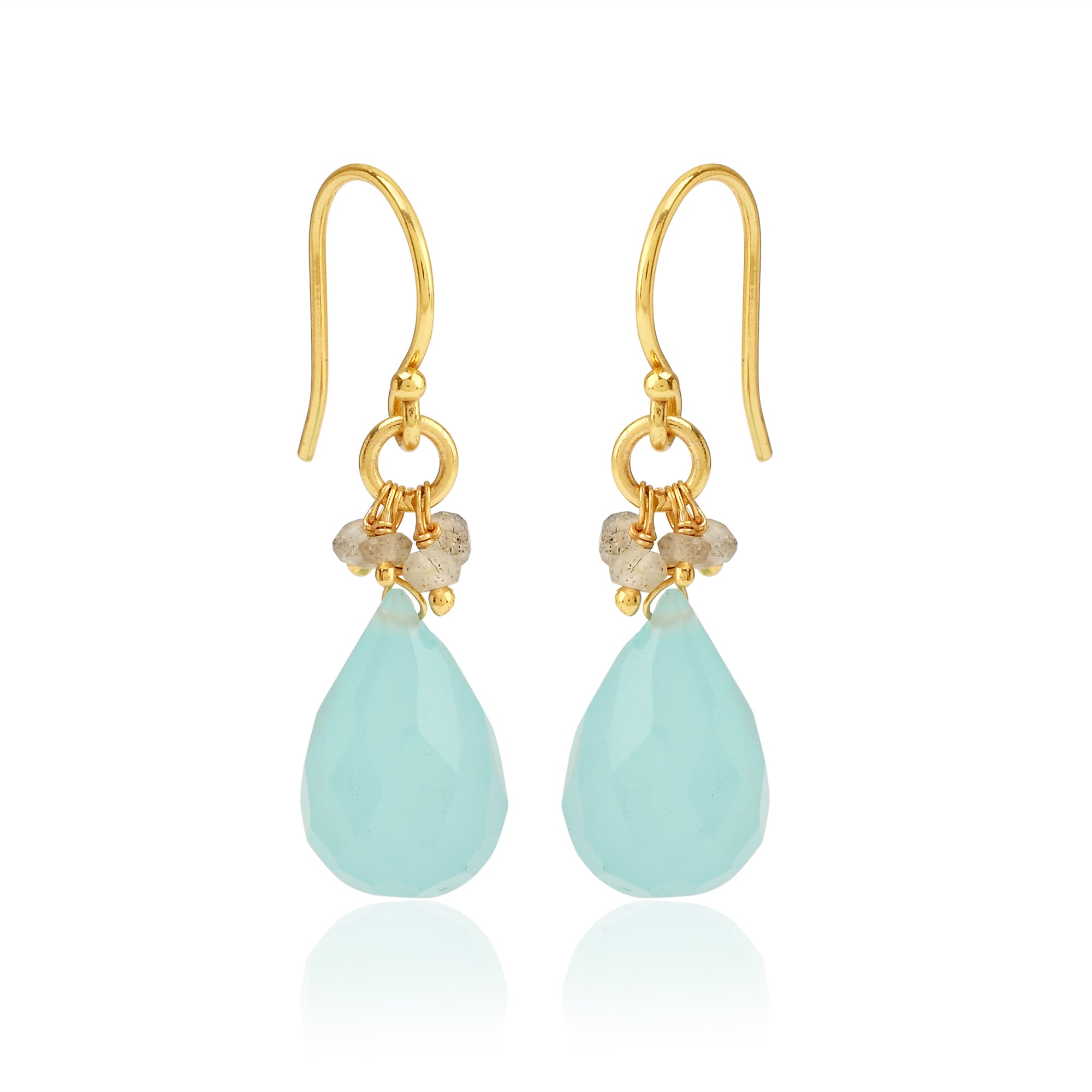 Ørering med vedhæng af aqua chalcedony og labradorite