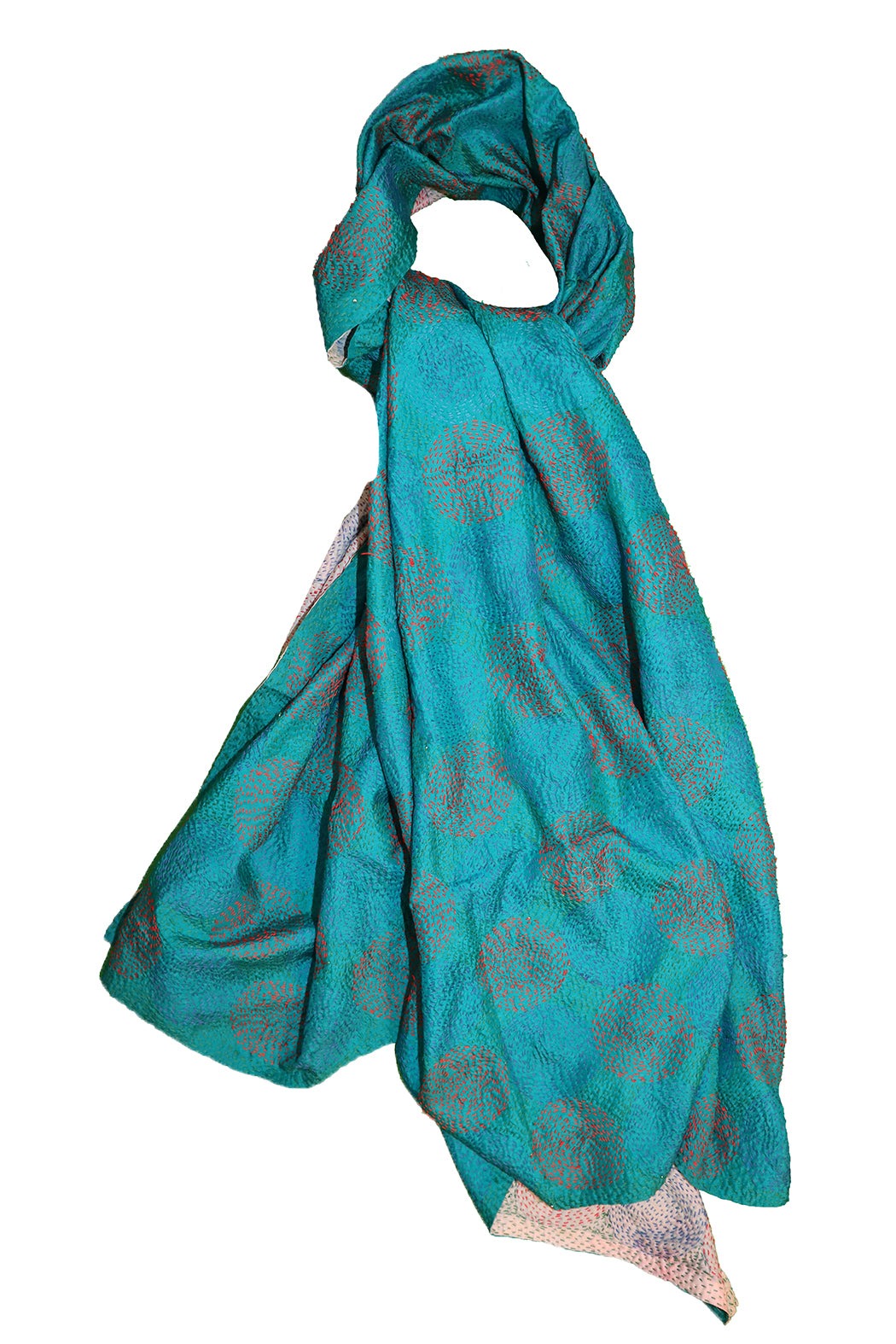 Kantha vintage scarf 85x190 cm, silk, round kantha