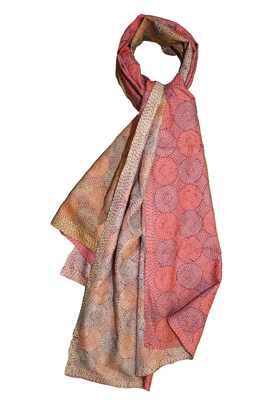 Kantha vintage scarf 85x190 cm, silk, round kantha