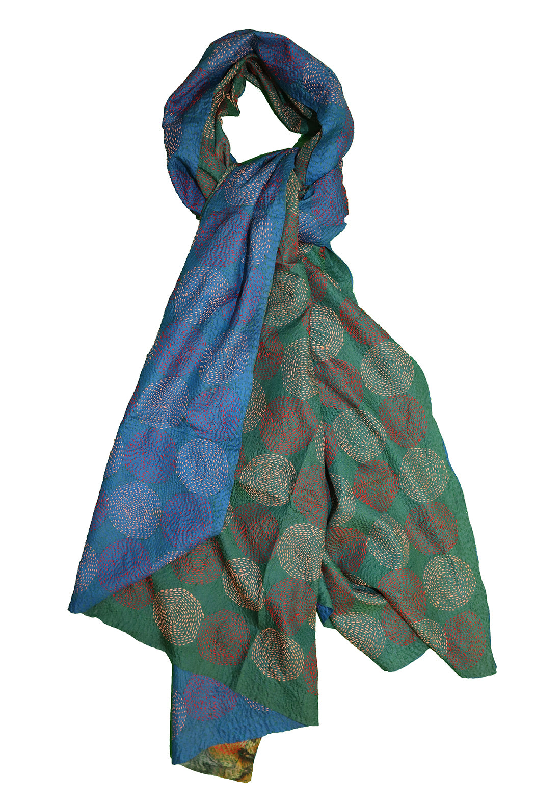 Kantha vintage scarf 85x190 cm, silk, round kantha