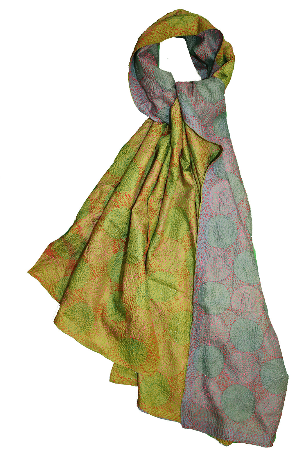 Kantha vintage scarf 85x190 cm, silk, round kantha