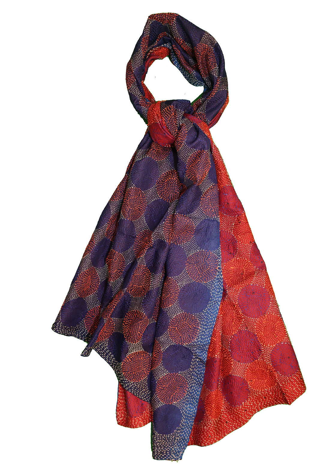 Kantha vintage scarf 85x190 cm, silk, round kantha
