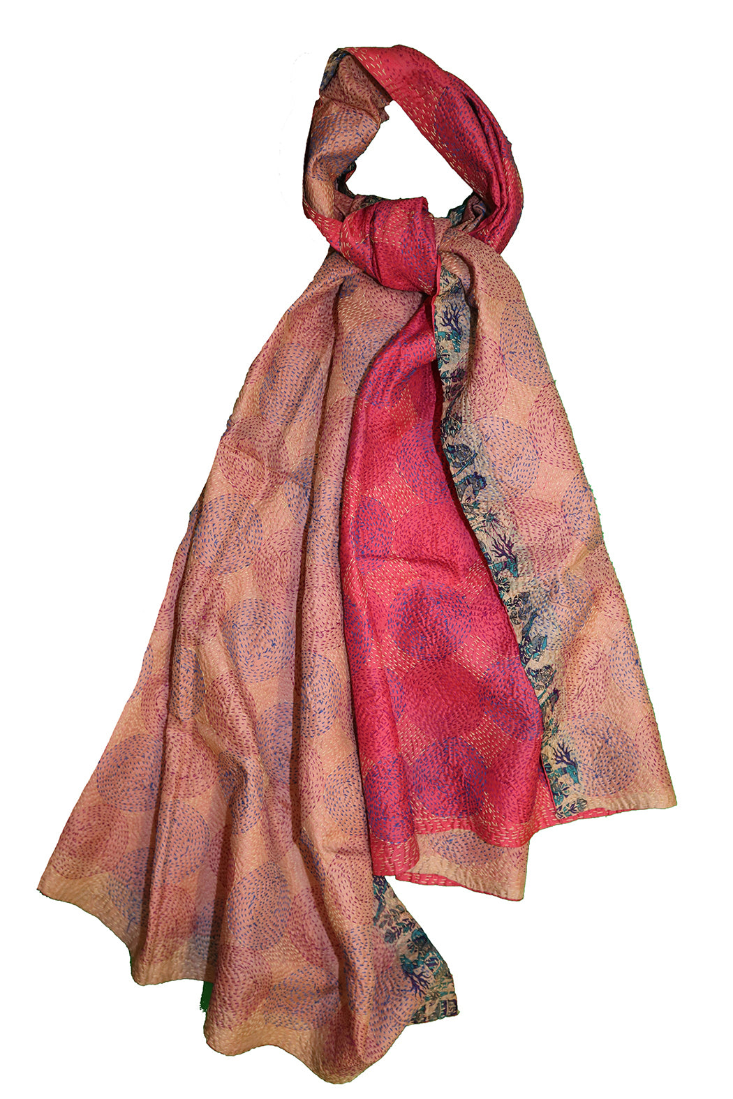 Kantha vintage scarf 85x190 cm, silk, round kantha