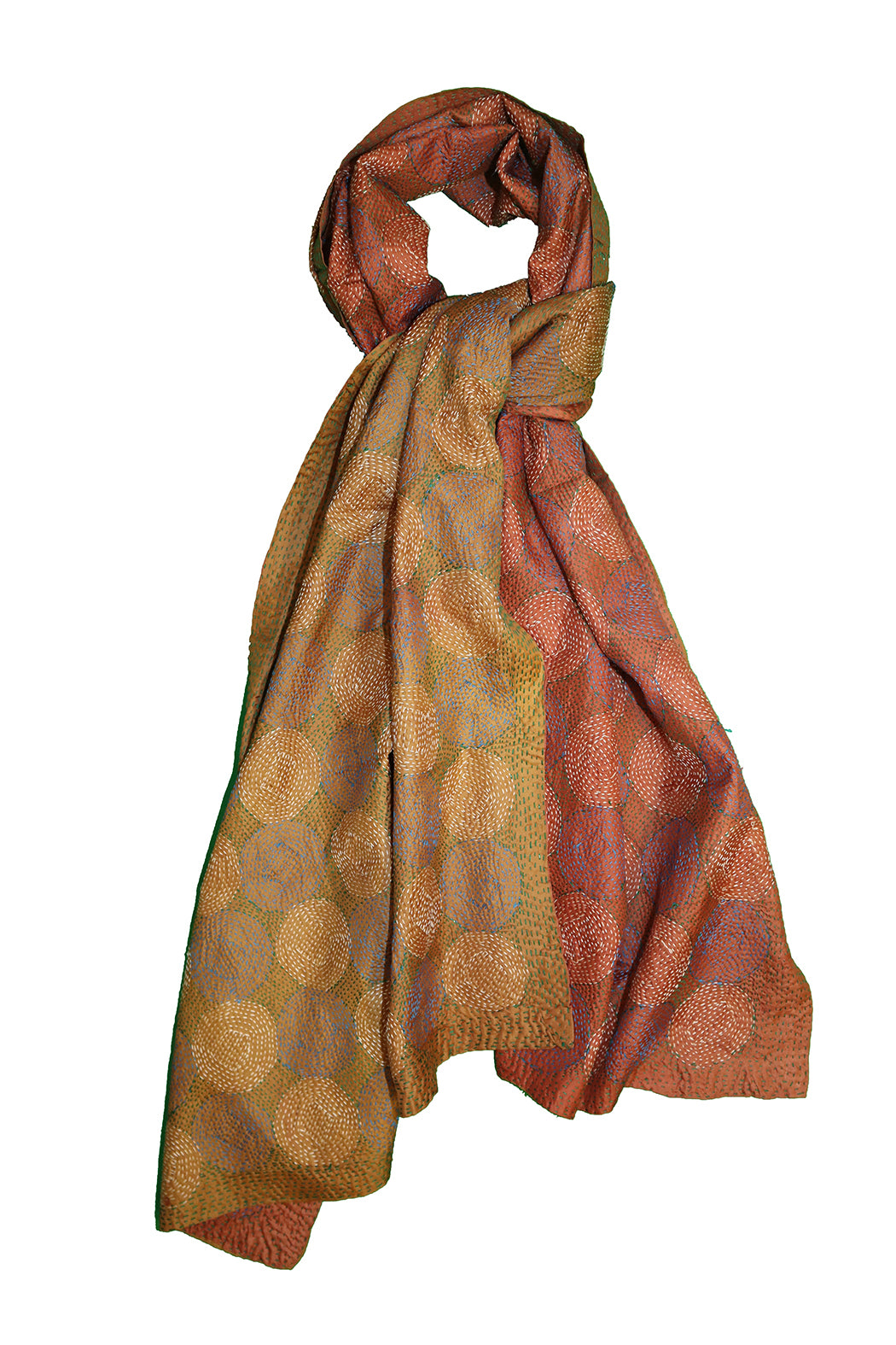 Kantha vintage scarf 85x190 cm, silk, round kantha