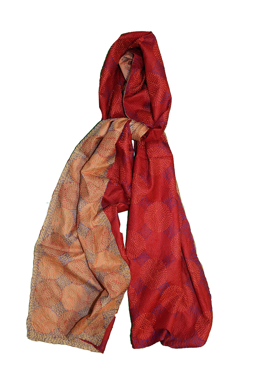 Kantha vintage scarf 40x190 cm, silk, round kantha
