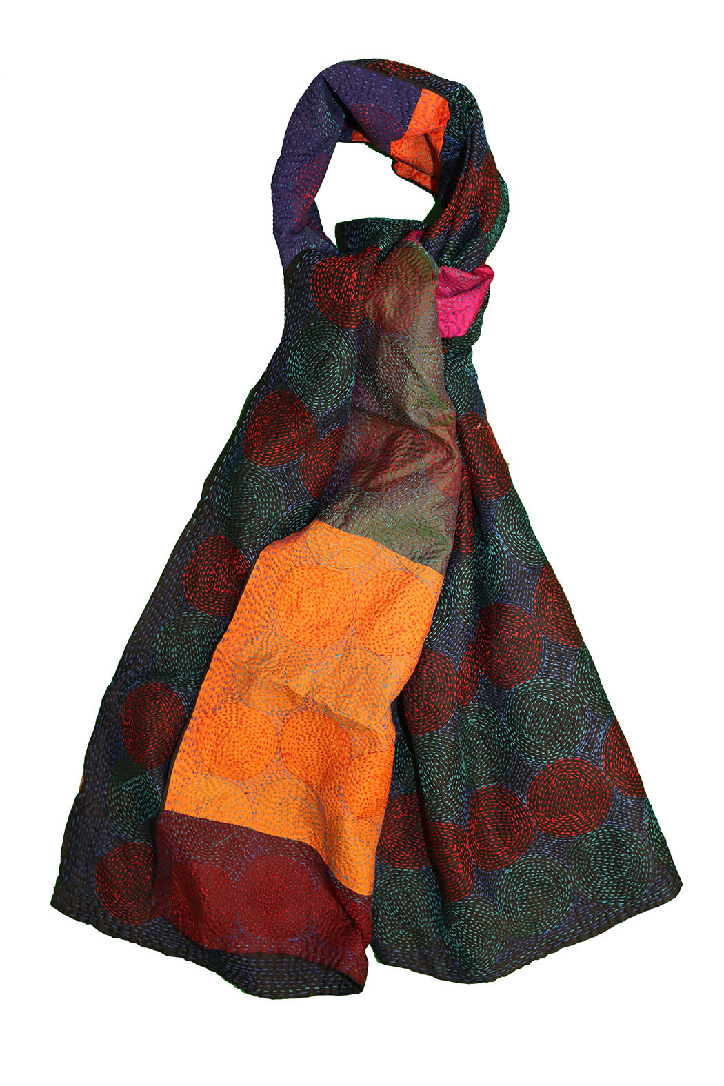 Kantha vintage scarf 40x190 cm, silk, round kantha