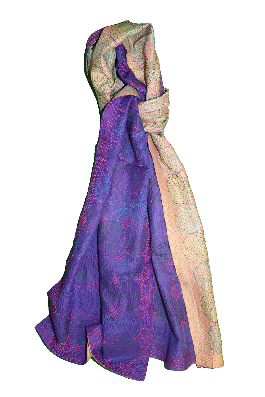 Kantha vintage scarf 40x190 cm, silk, round kantha