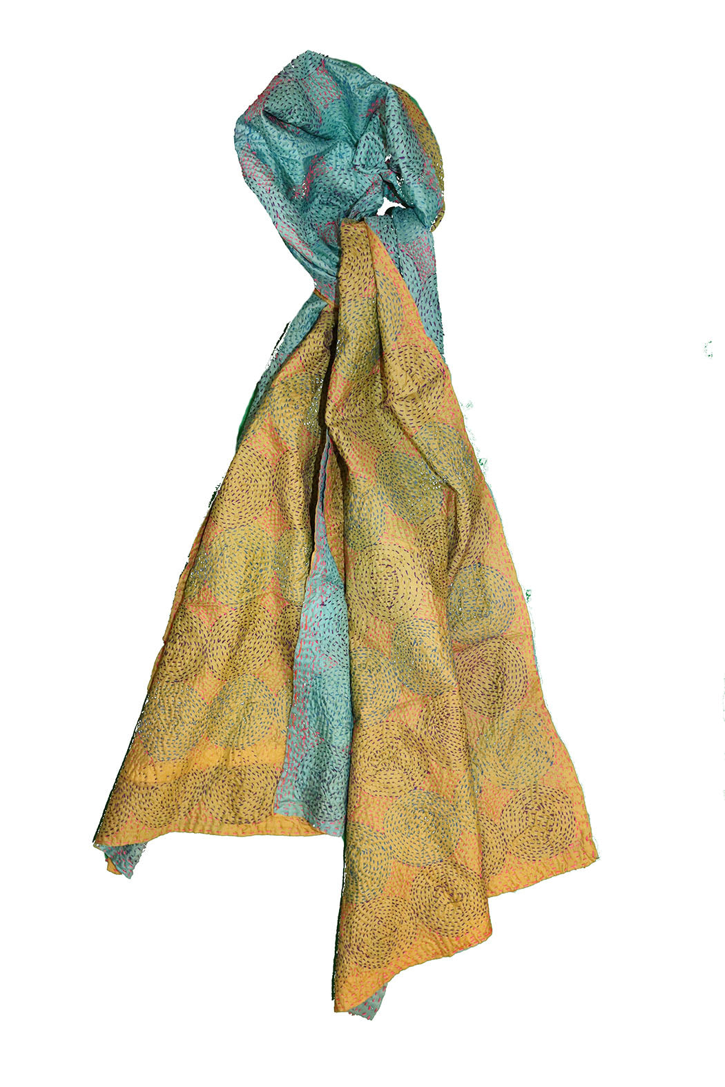 Kantha vintage scarf 40x190 cm, silk, round kantha