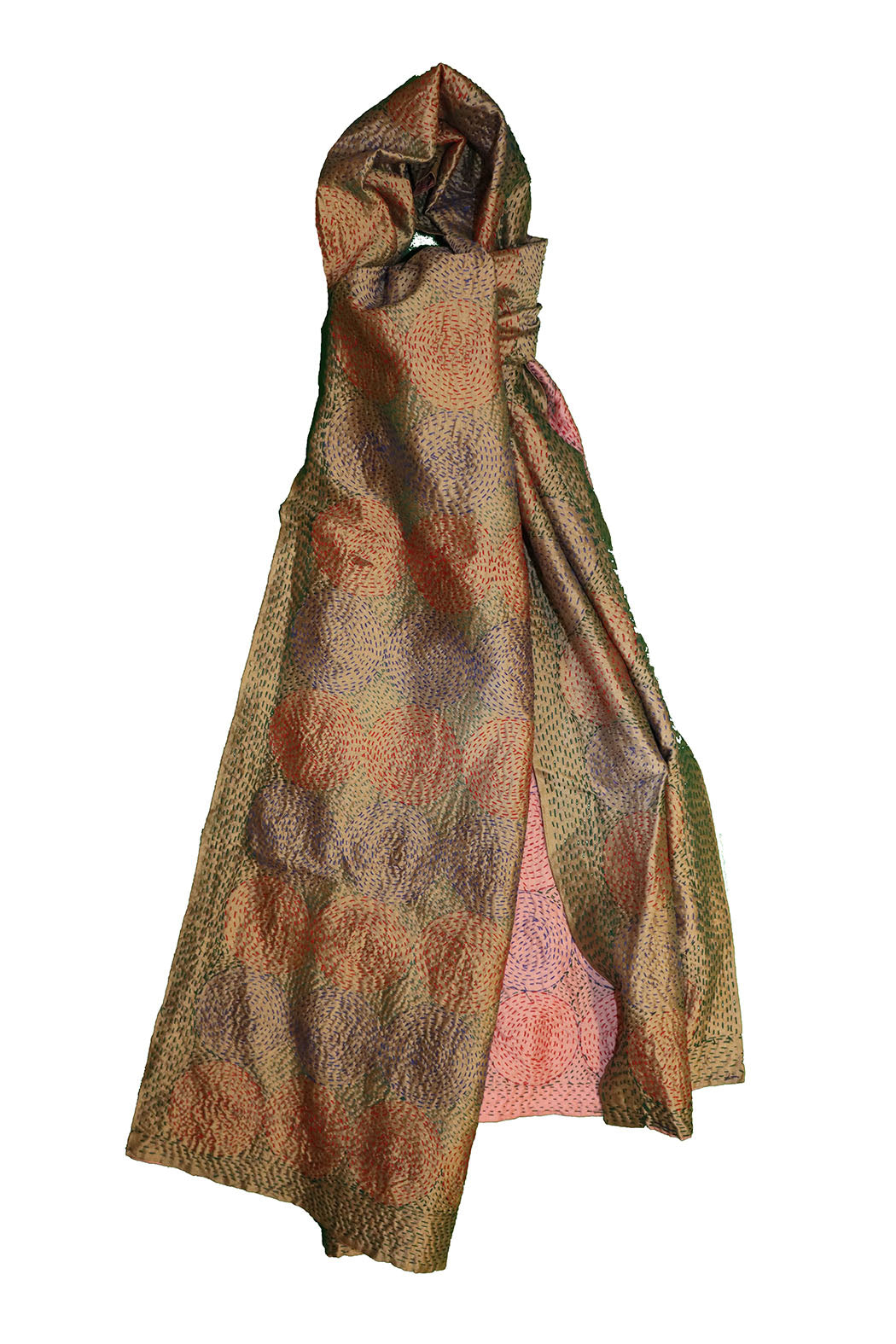 Kantha vintage scarf 40x190 cm, silk, round kantha
