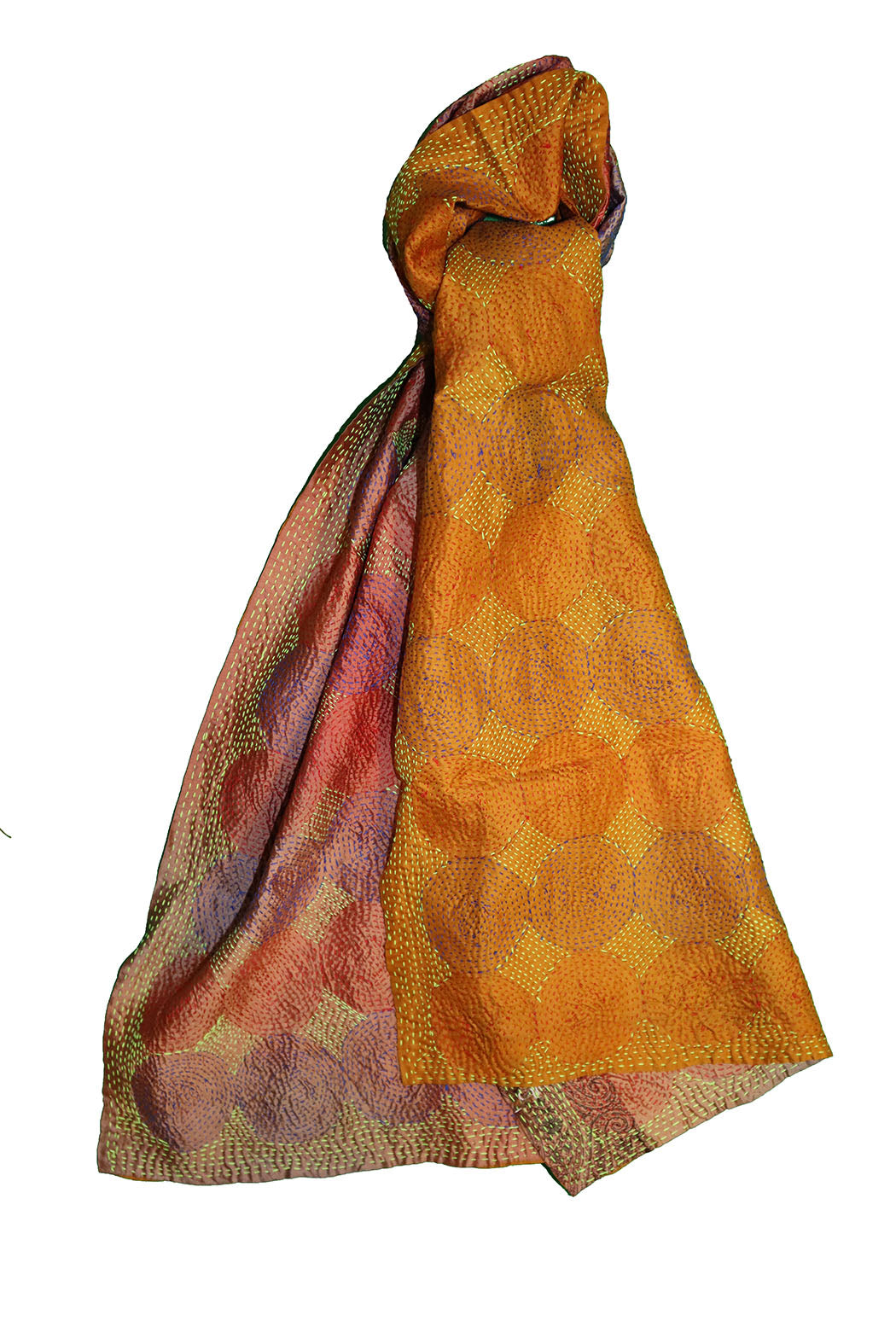 Kantha vintage scarf 40x190 cm, silk, round kantha