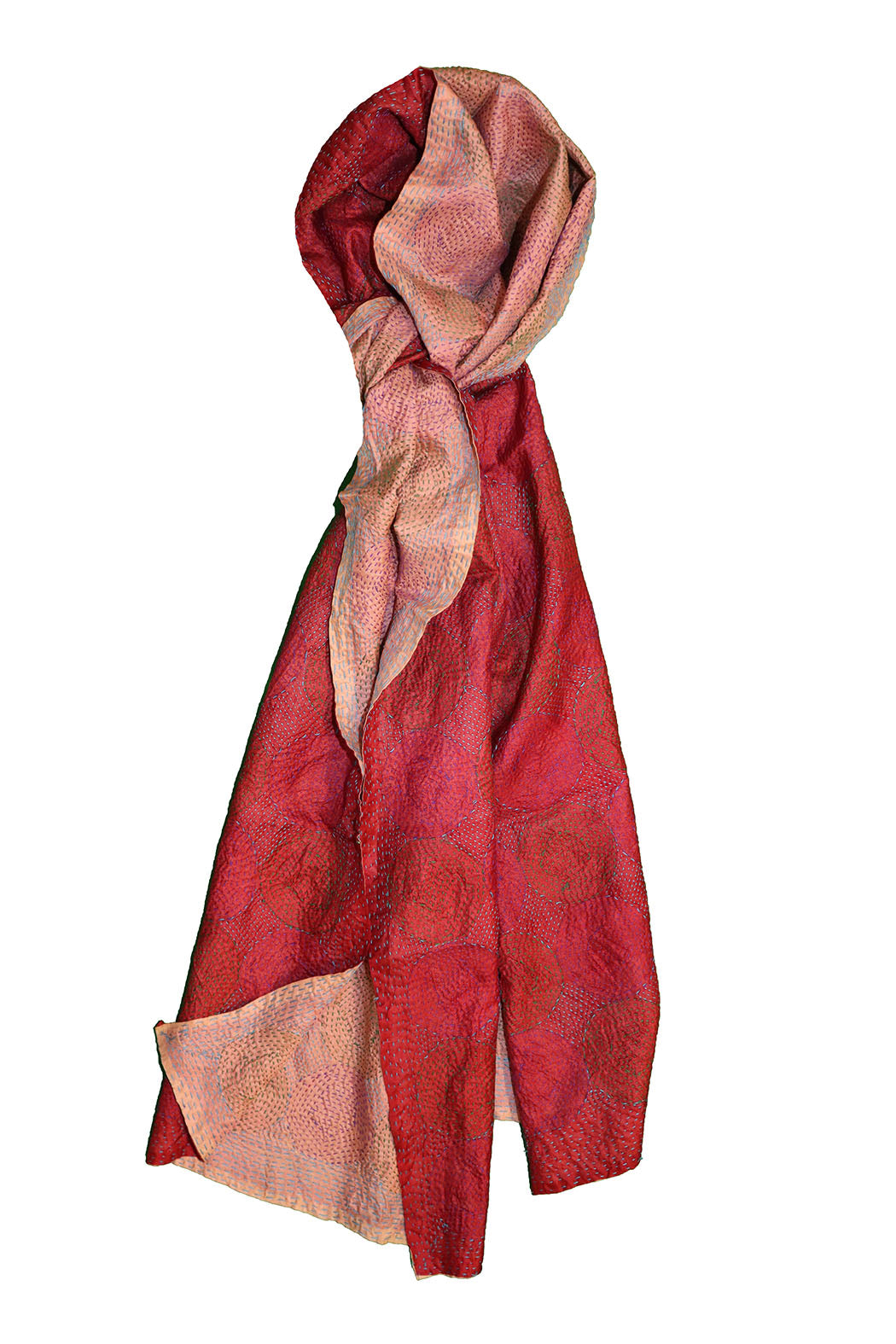 Kantha vintage scarf 40x190 cm, silk, round kantha