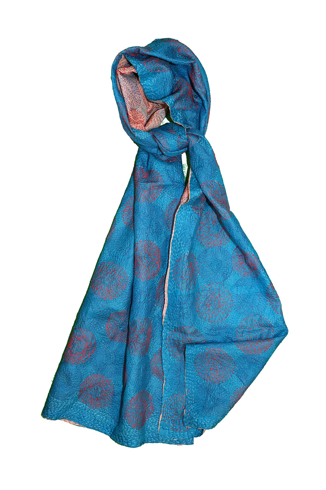 Kantha vintage scarf 40x190 cm, silk, round kantha