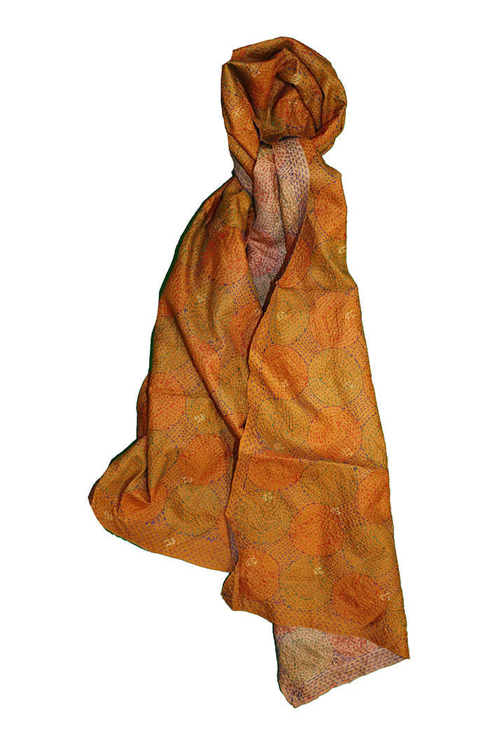 Kantha vintage scarf 40x190 cm, silk, round kantha