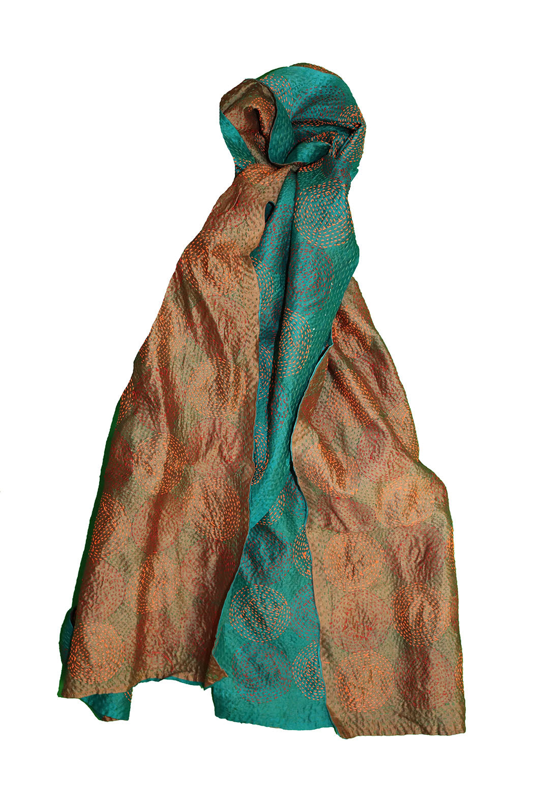 Kantha vintage scarf 40x190 cm, silk, round kantha