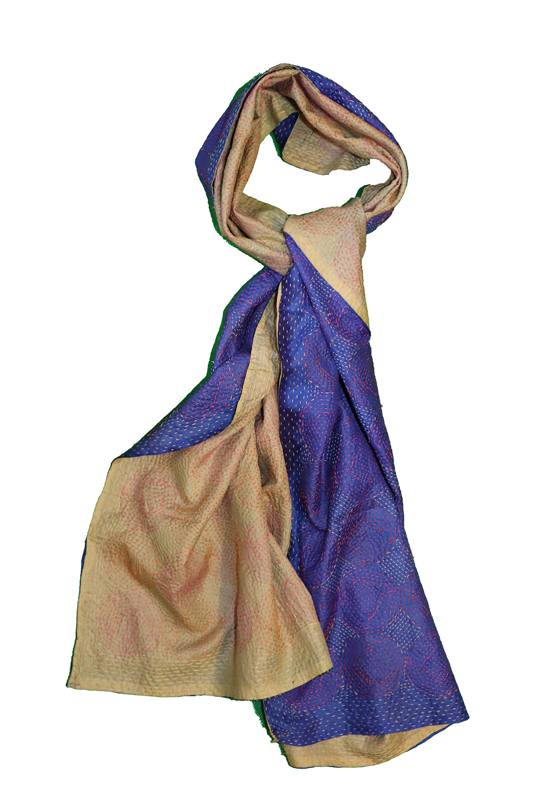 Kantha Vintage-Schal 40x190 cm, Seide, rundes Kantha