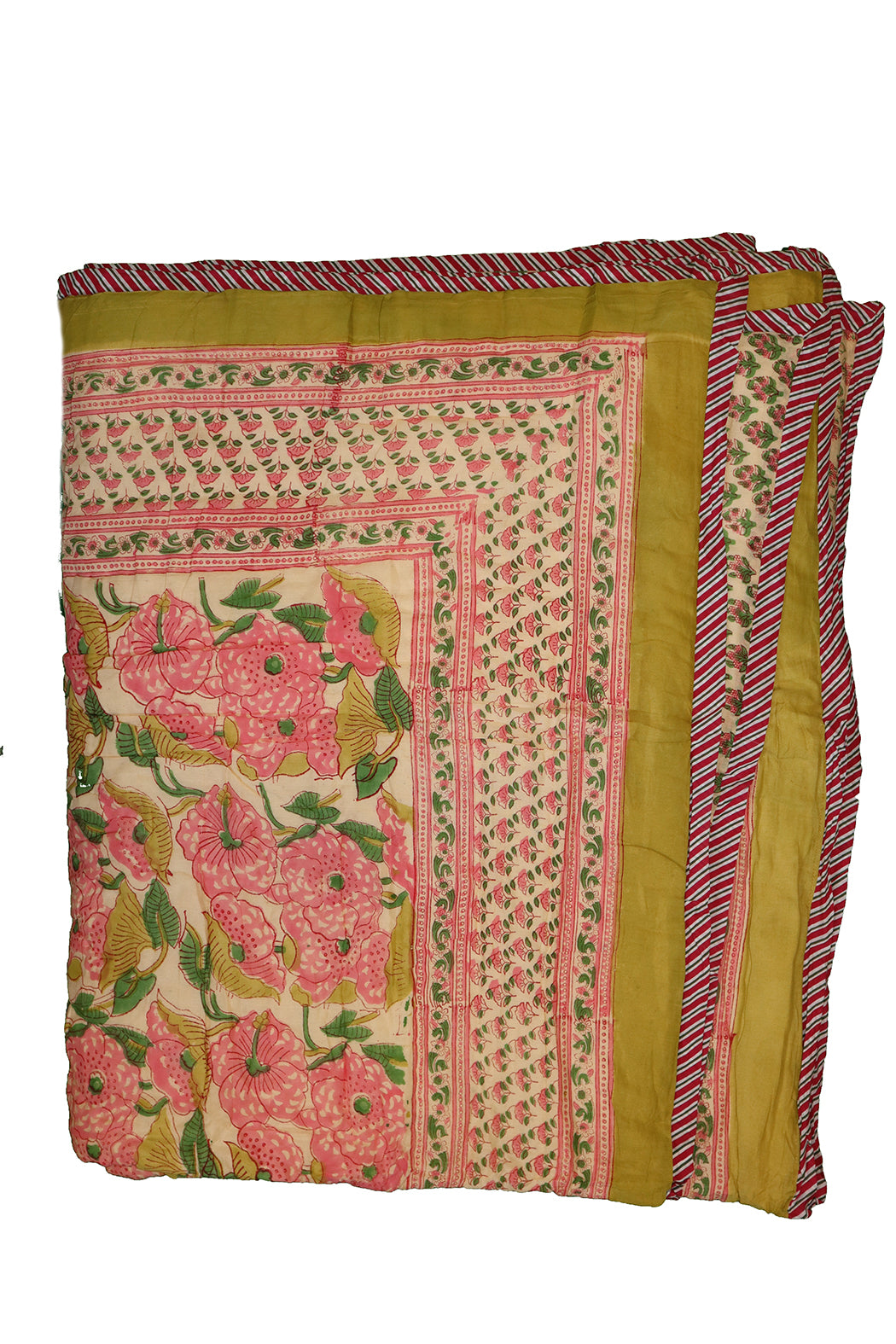 Håndlavet blokprint quiltet vattæppe 150*220 cm rosa , bomuld