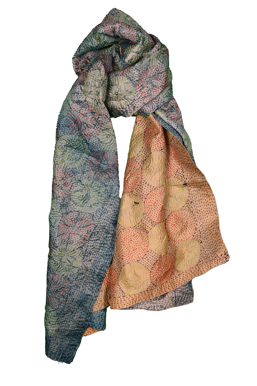 Kantha Vintage-Schal 40x190 cm, Seide, rundes Kantha