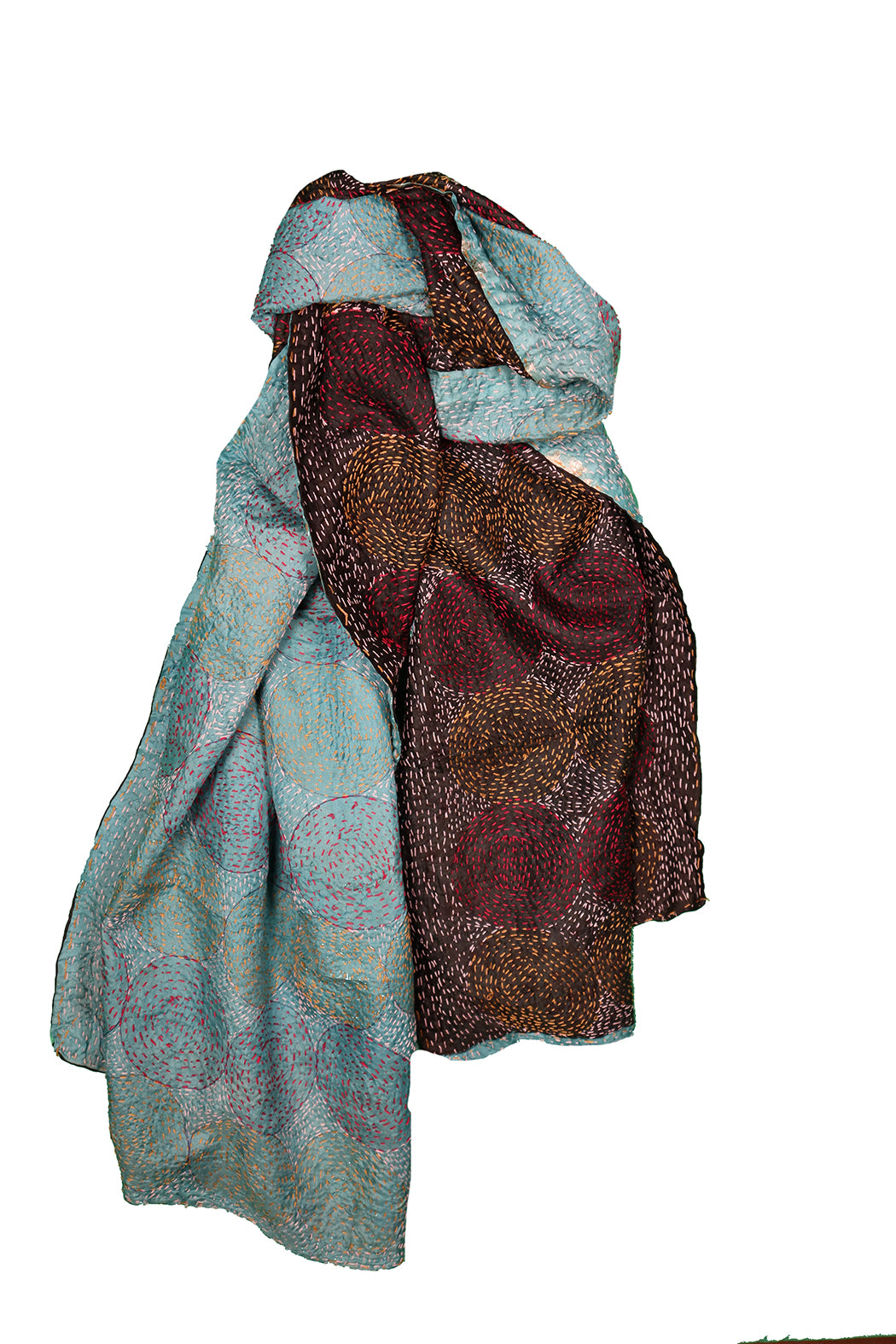 Kantha Vintage-Schal 40x190 cm, Seide, rundes Kantha