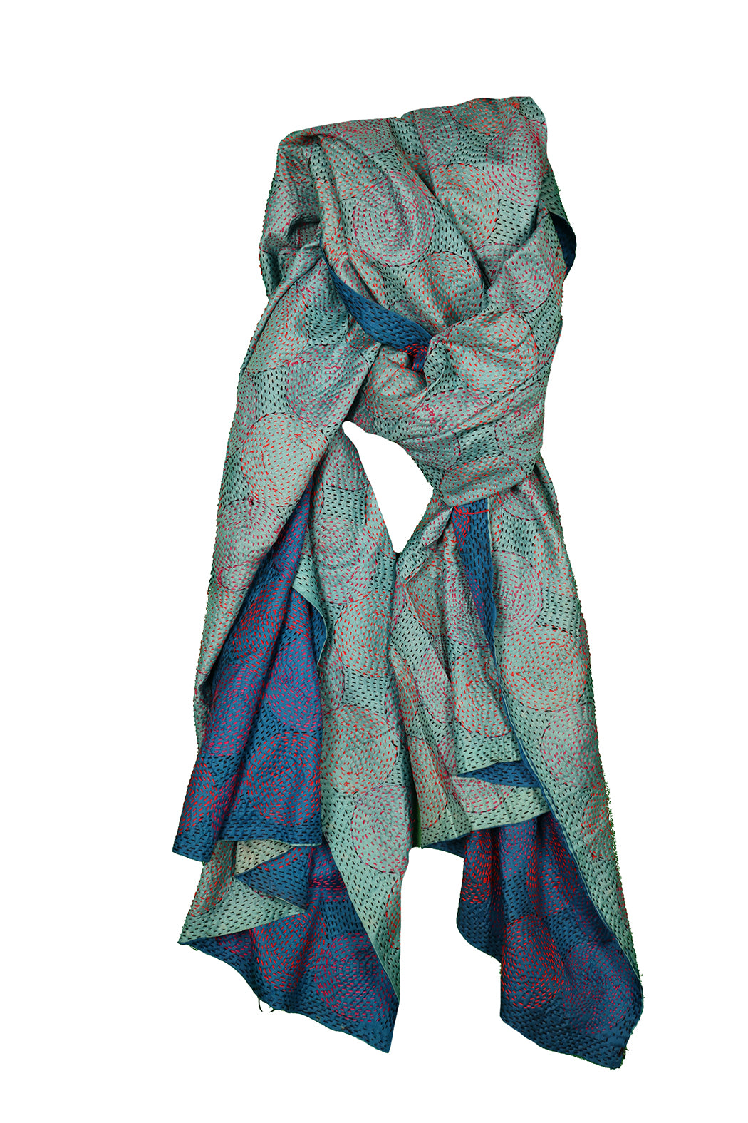 Kantha-Vintage-Schal 85x190 cm, Seide, rundes Kantha