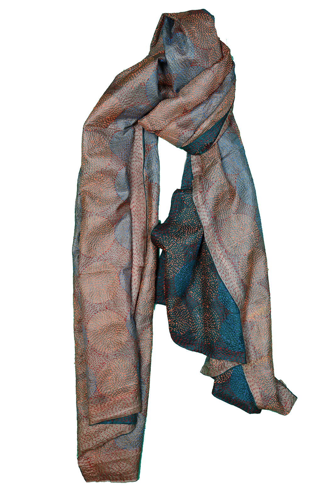 Kantha-Vintage-Schal 85x190 cm, Seide, rundes Kantha